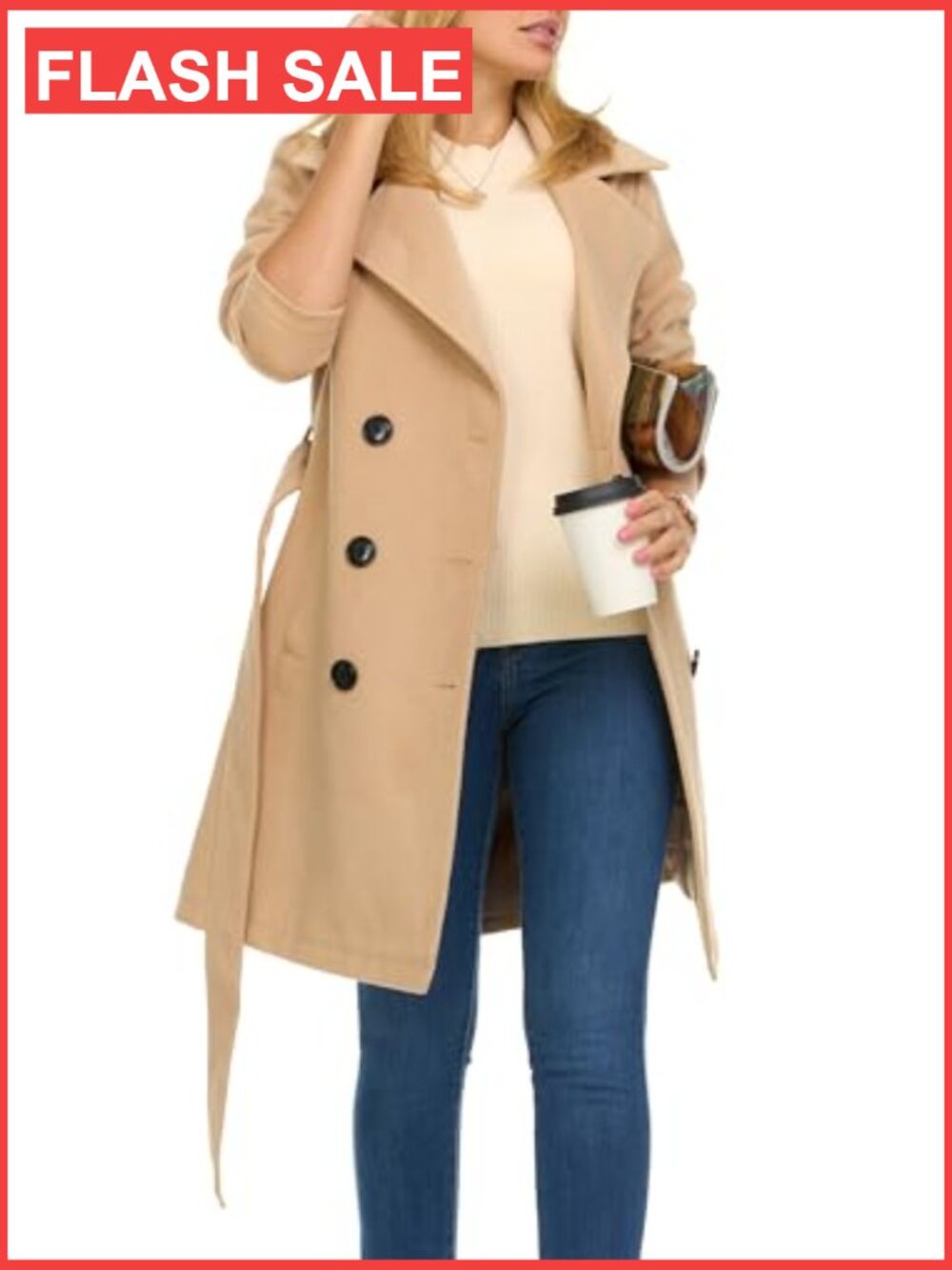 Double-Breasted Faux Wool Trench Coat - Long Winter Coat - Picture 3 of 7